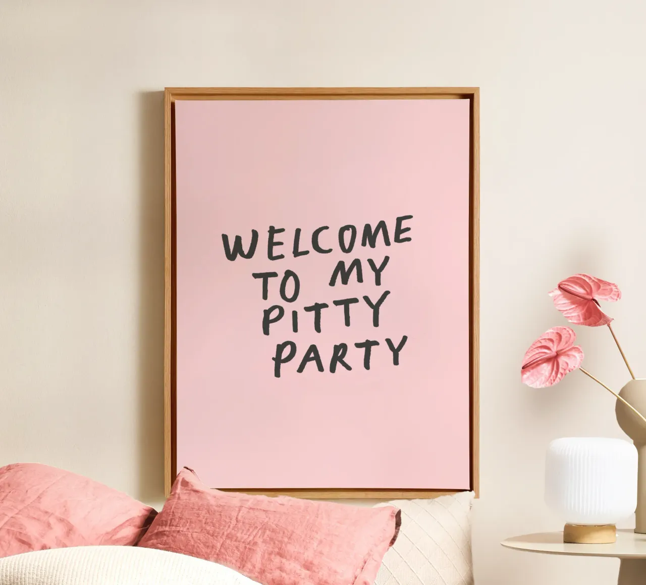 Welcome to My Pitty Party Funny Typography Print in Pink canvas with Floater frame by THE MOTIVATED TYPE