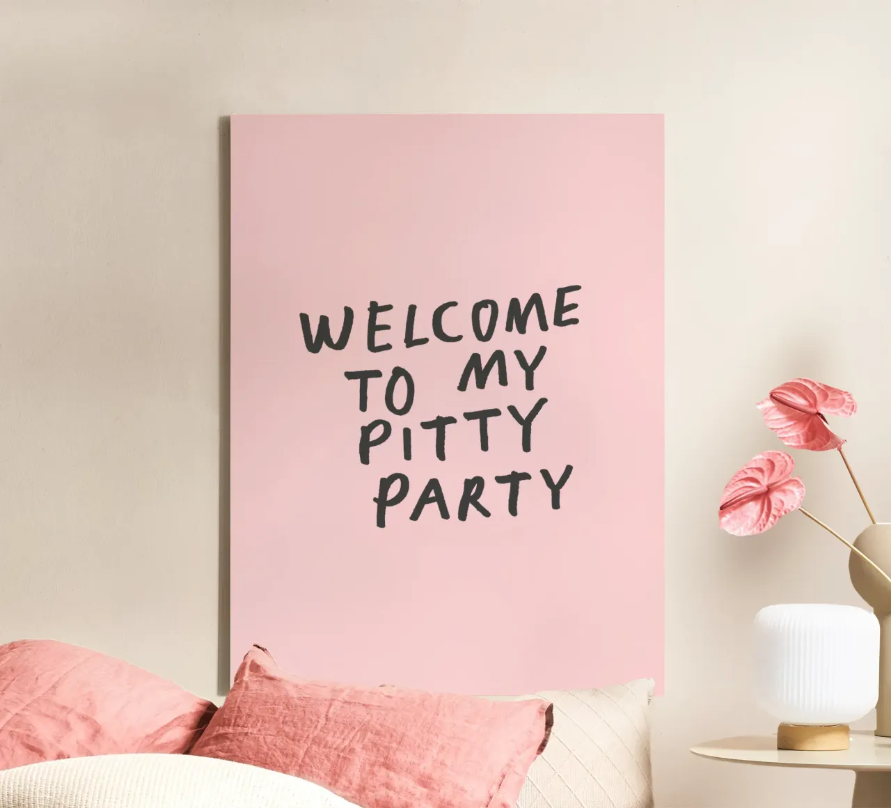 Welcome to My Pitty Party Funny Typography Print in Pink canvas with Floater frame by THE MOTIVATED TYPE