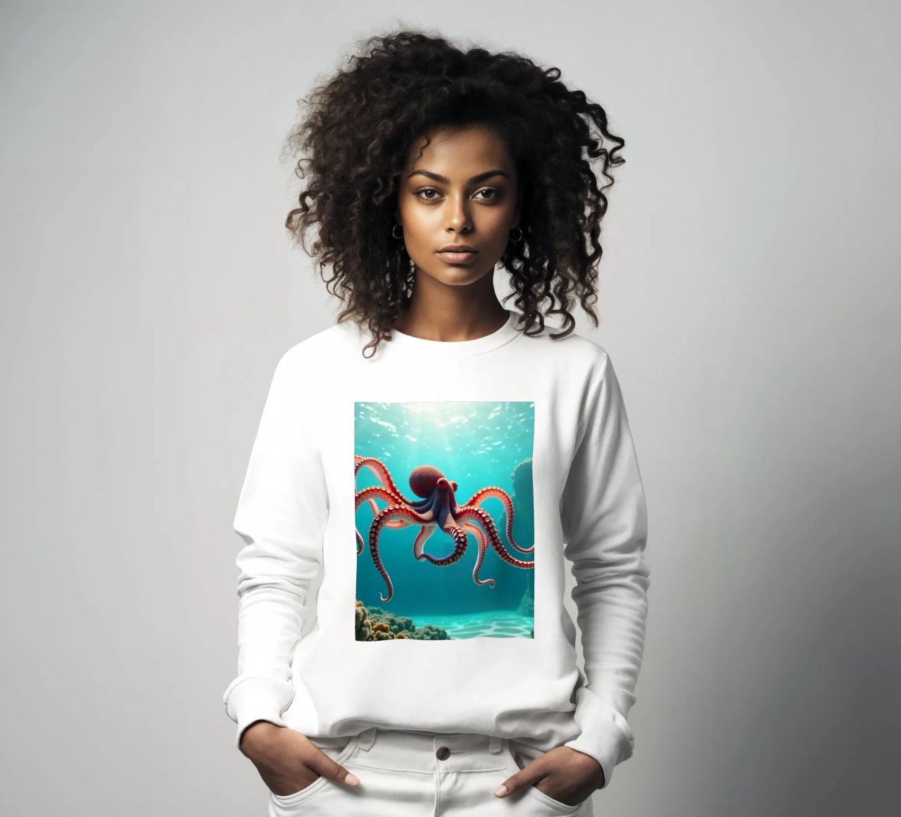 pieuvre nageant gracieusement dans un récif corallien sweat de DesignDoodle