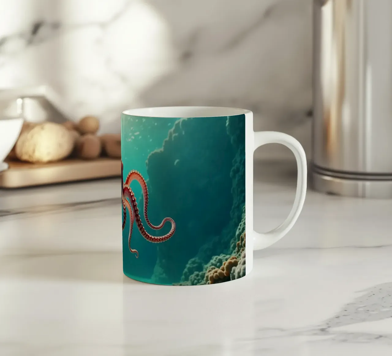 polpo che nuota con grazia nella barriera corallina tazza in ceramica da DesignDoodle