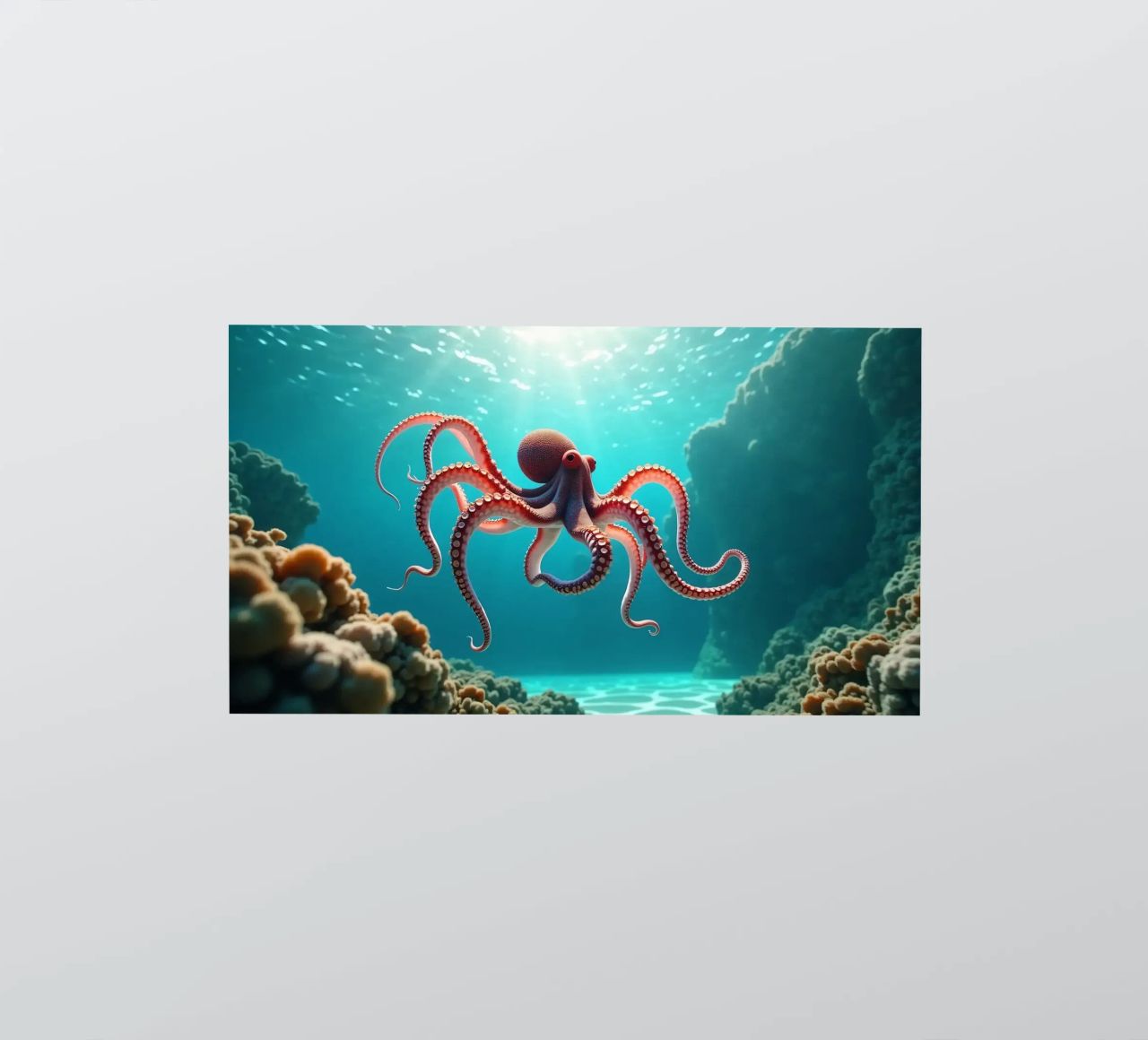 pieuvre nageant gracieusement dans un récif corallien autocollant de DesignDoodle