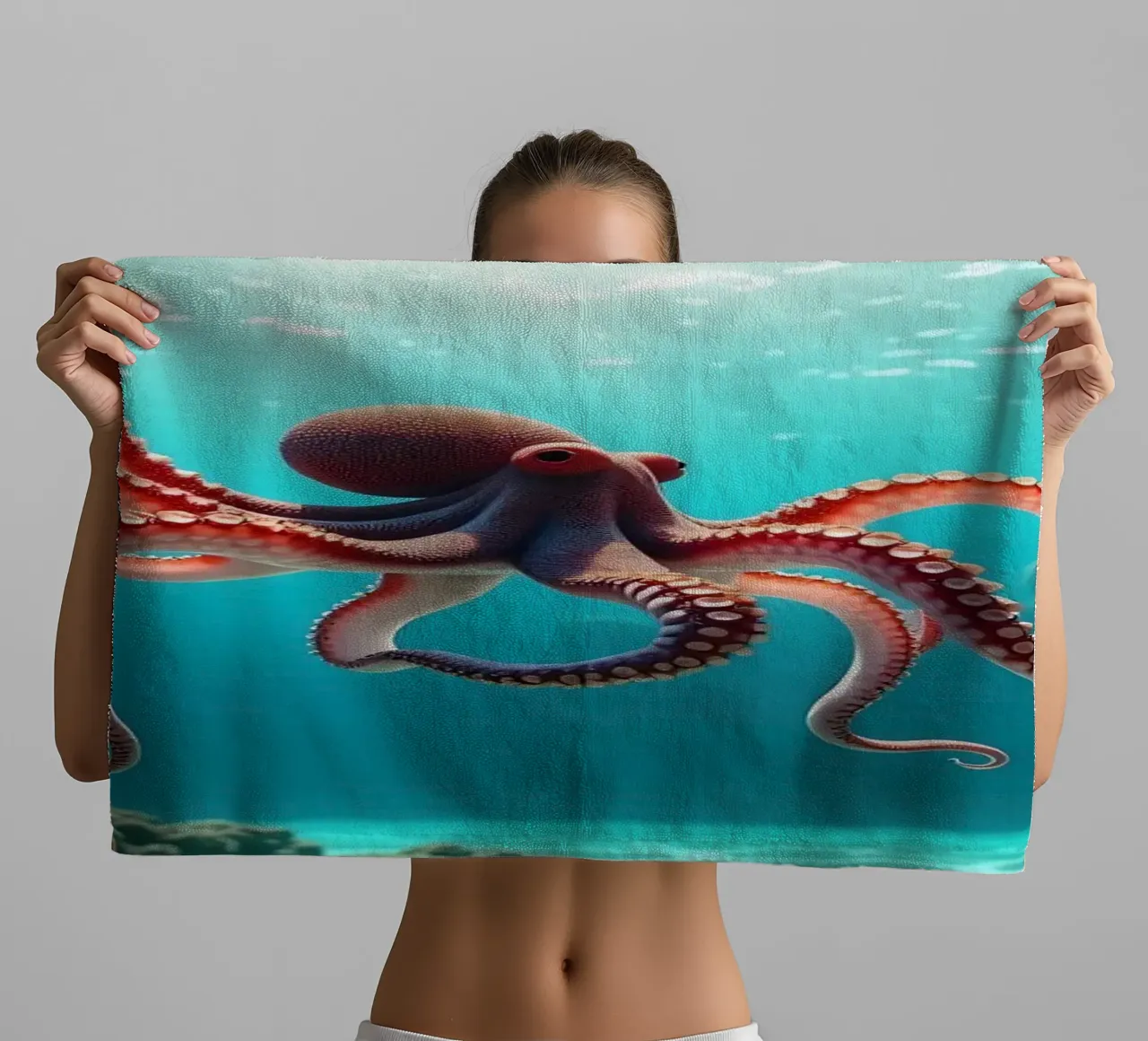 octopus gracefully swimming through coral reef towel by DesignDoodle