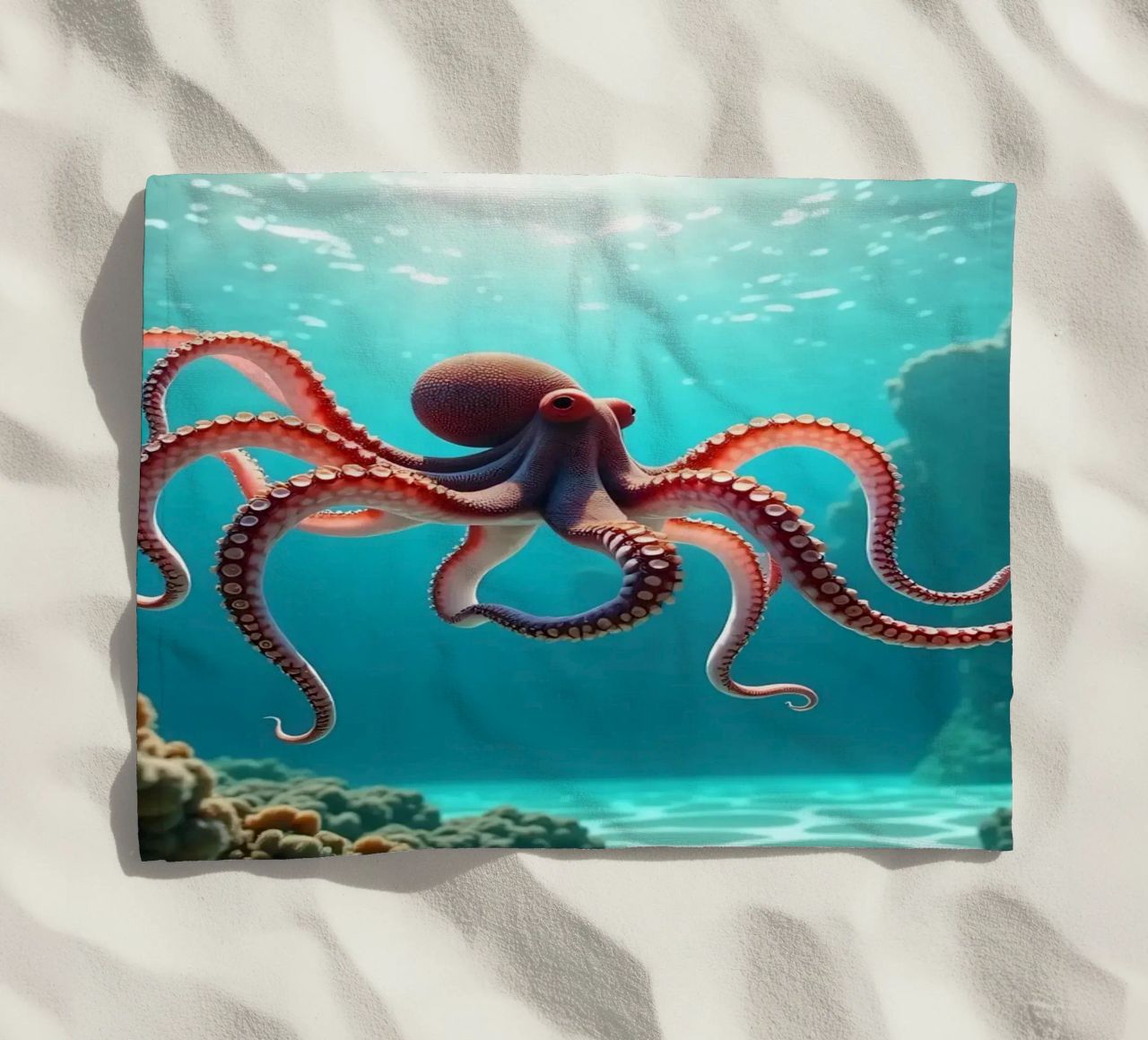pieuvre nageant gracieusement dans un récif corallien serviette de plage de DesignDoodle