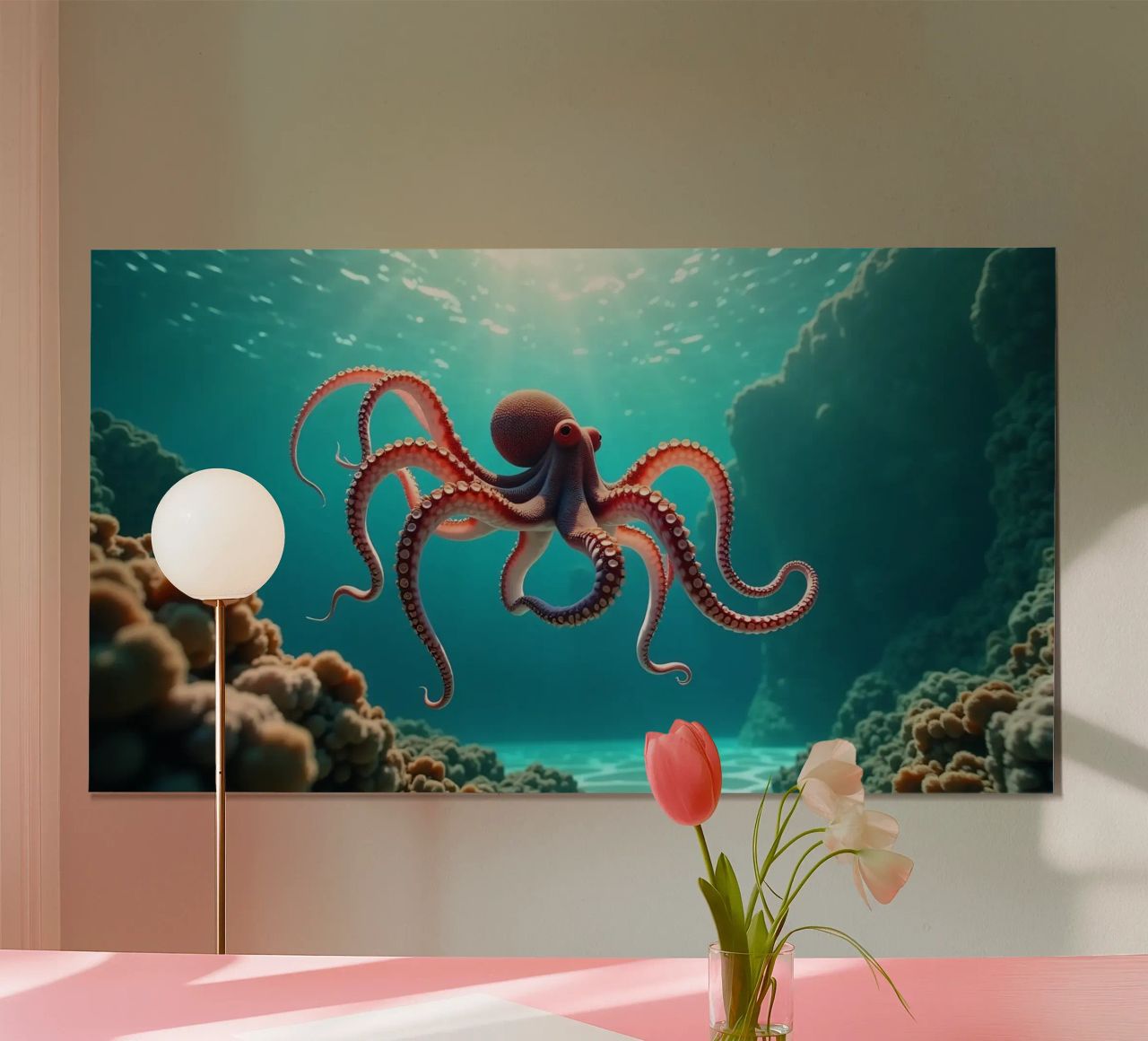 pieuvre nageant gracieusement dans un récif corallien poster de DesignDoodle