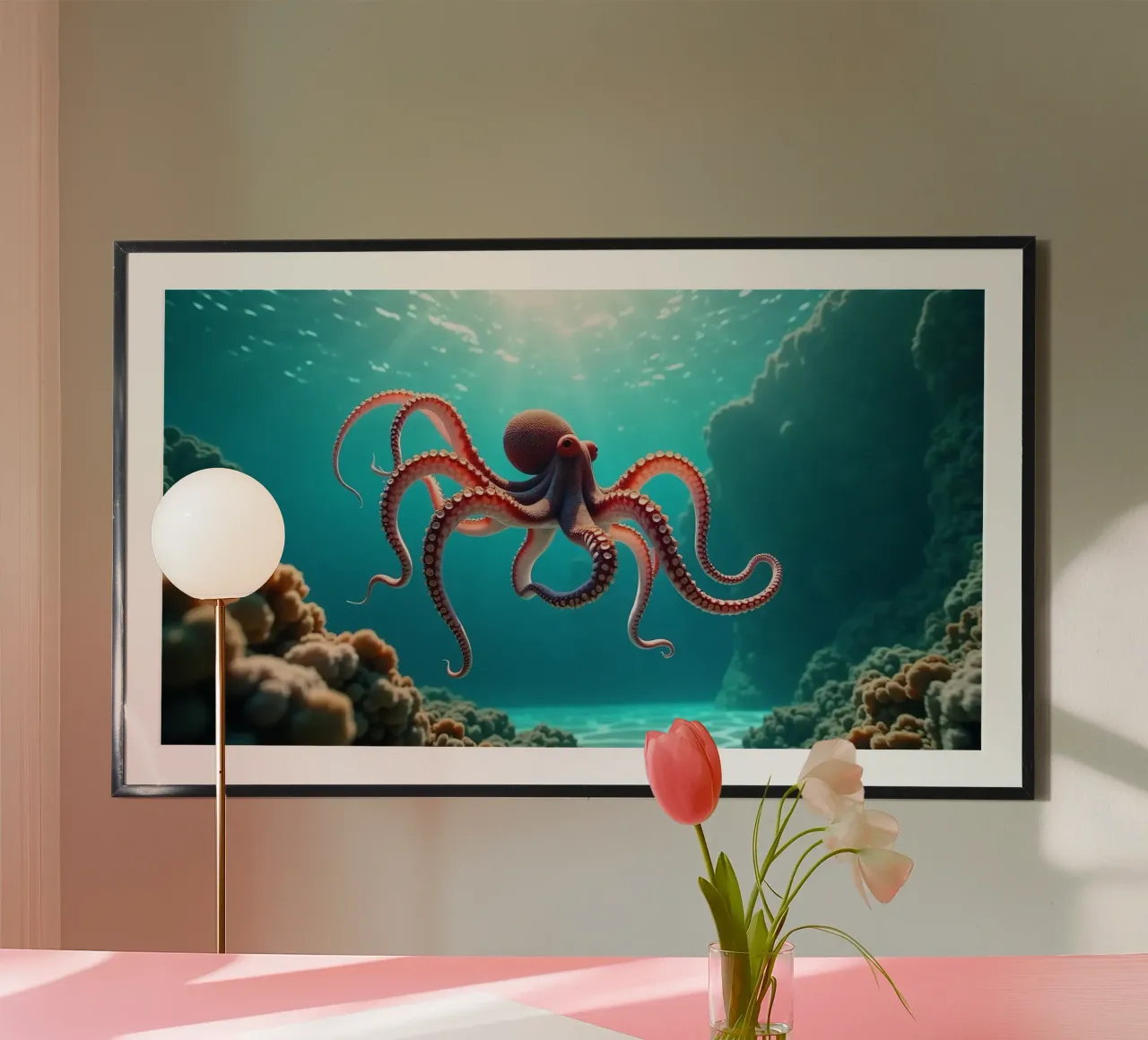 polpo che nuota con grazia nella barriera corallina carta hahnemühle da DesignDoodle