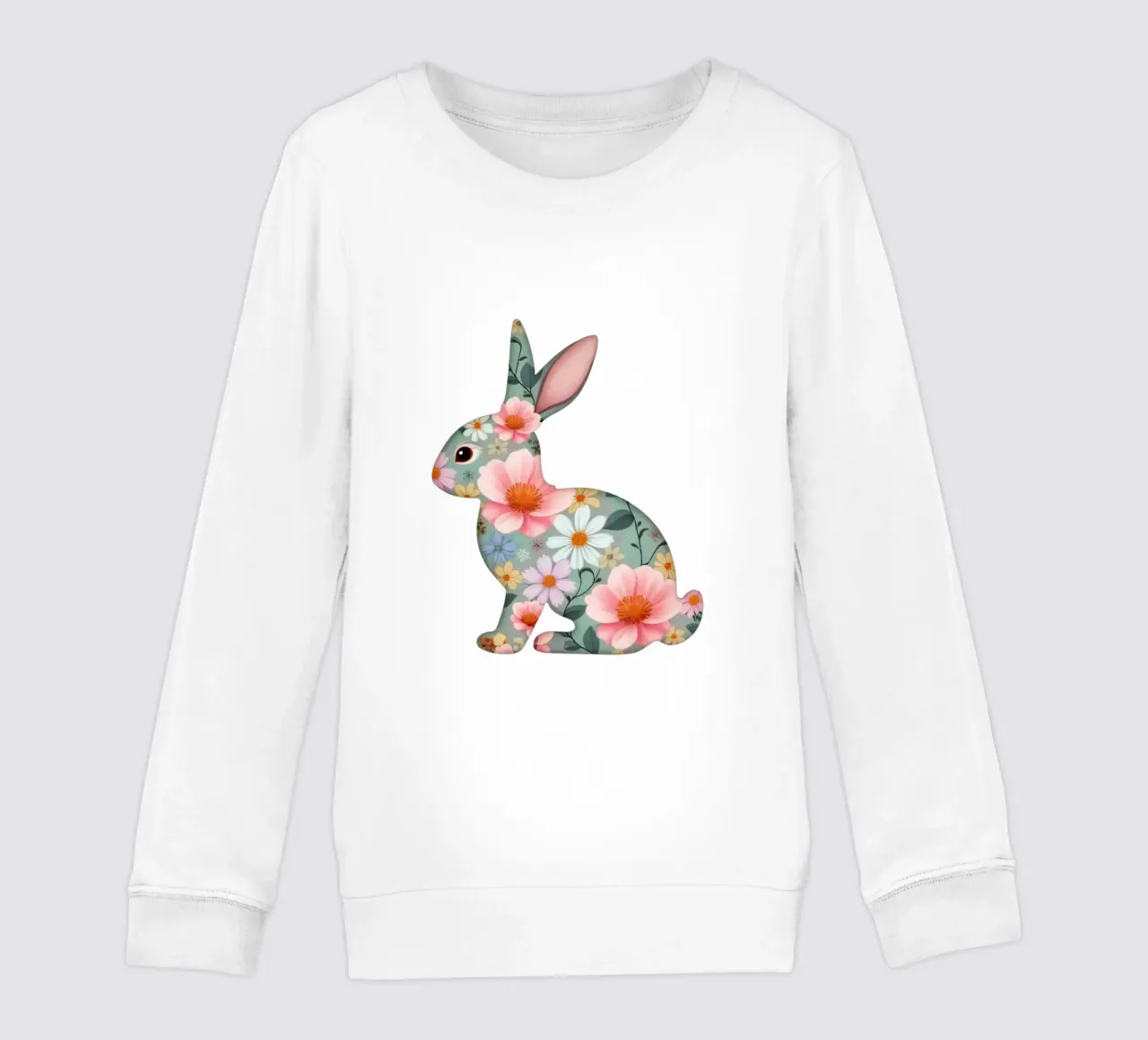 Floral patterned rabbit gracefully amidst spring flower kids sweatshirt by DesignDoodle