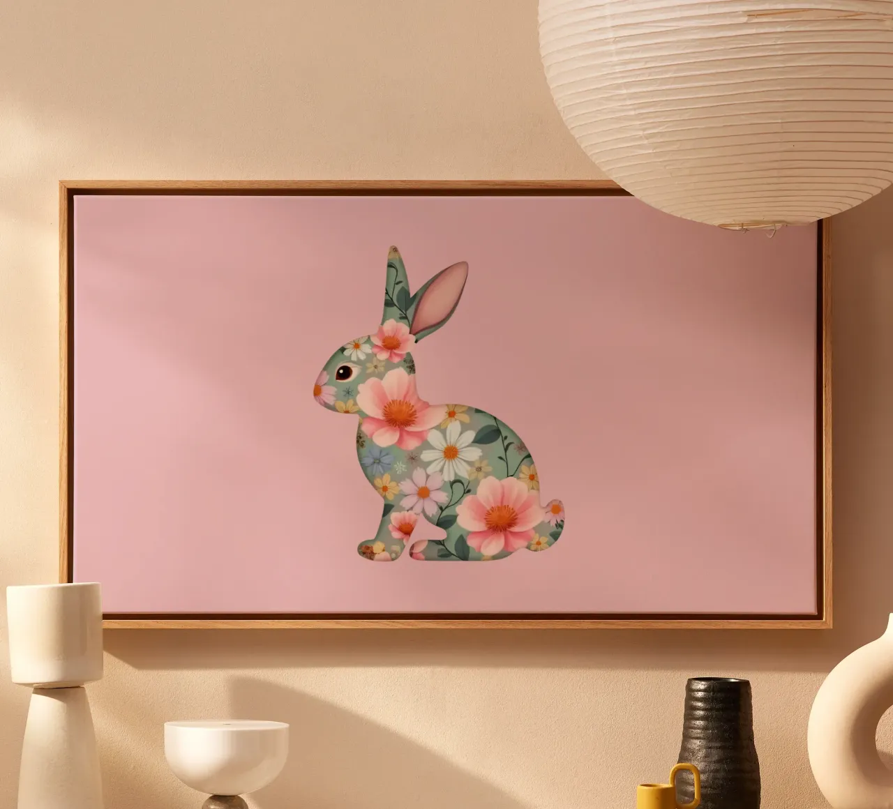 Floral patterned rabbit gracefully amidst spring flower canvas with Floater frame by DesignDoodle