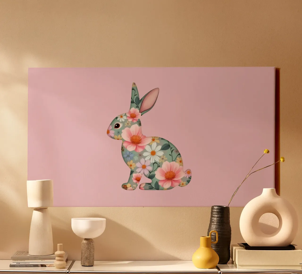 Floral patterned rabbit gracefully amidst spring flower canvas with Floater frame by DesignDoodle