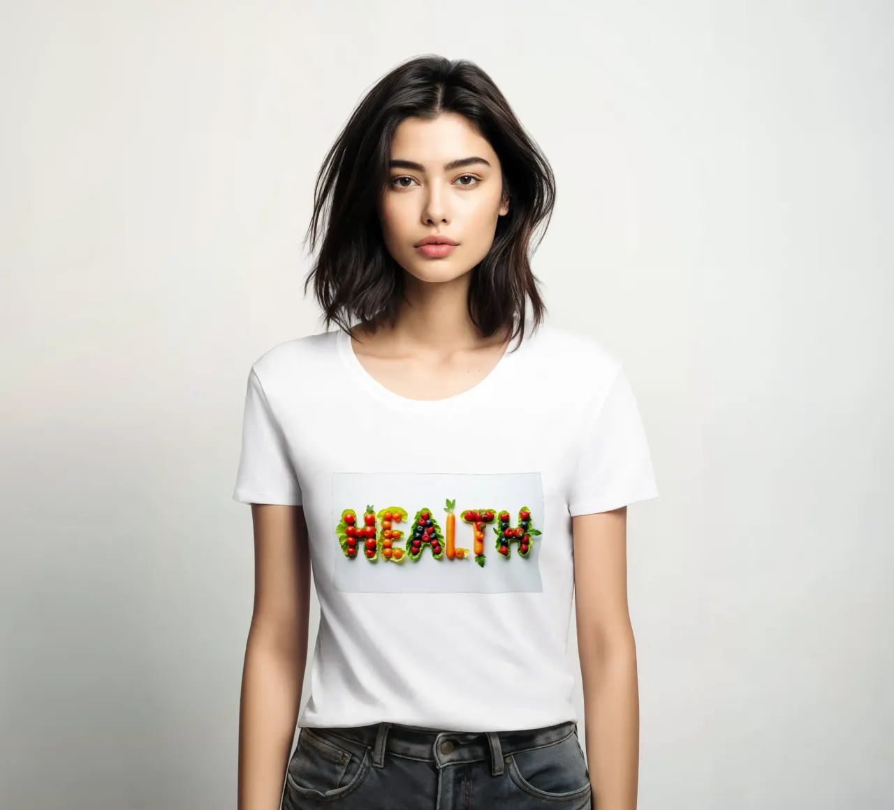 Creative display of fresh fruits and vegetables spelling out women's fitted t-shirt by DesignDoodle