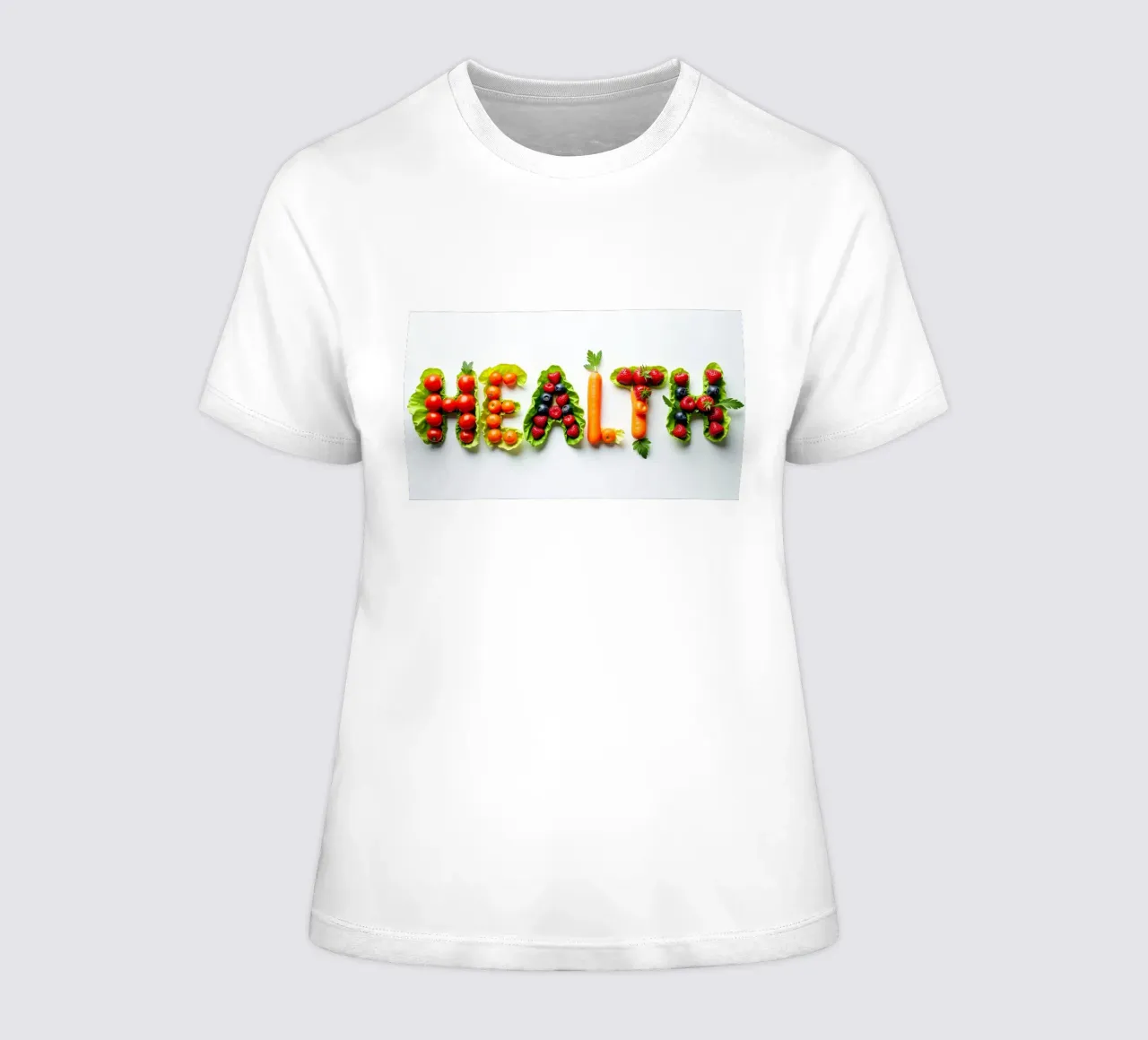 Creative display of fresh fruits and vegetables spelling out women's fitted t-shirt by DesignDoodle