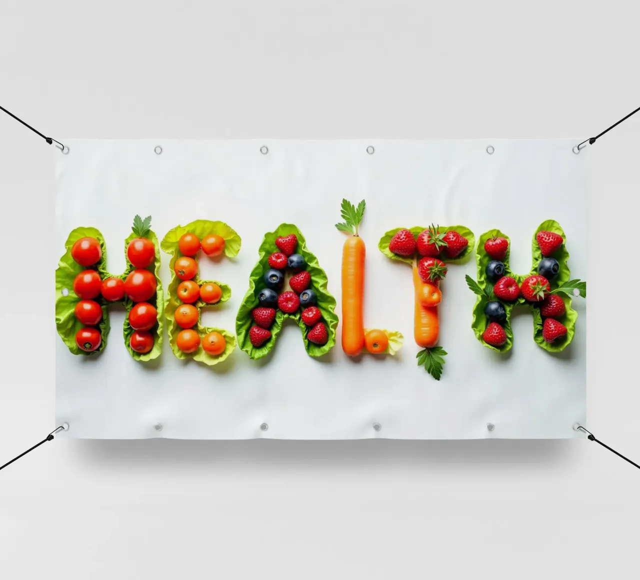 Esposizione creativa di frutta e verdura fresche che si esprime in modo chiaro e semplice telo in pvc da DesignDoodle