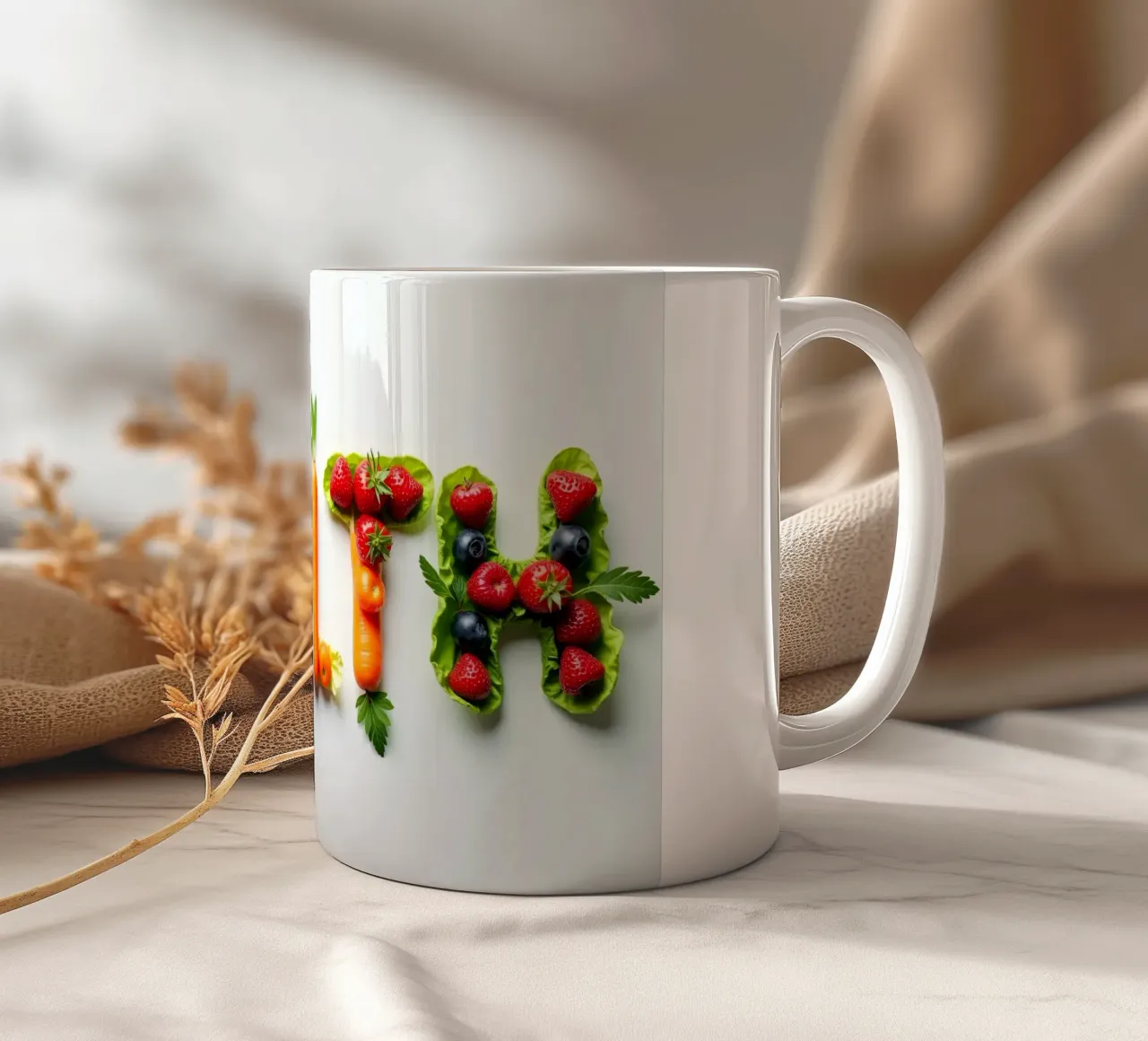 Esposizione creativa di frutta e verdura fresche che si esprime in modo chiaro e semplice tazza in ceramica da DesignDoodle