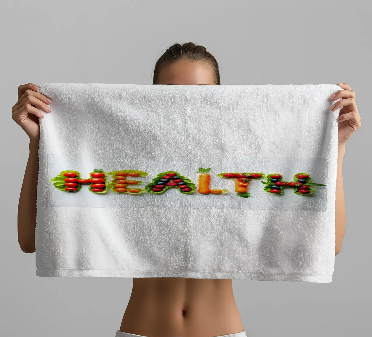Esposizione creativa di frutta e verdura fresche che si esprime in modo chiaro e semplice asciugamano da bagno da DesignDoodle