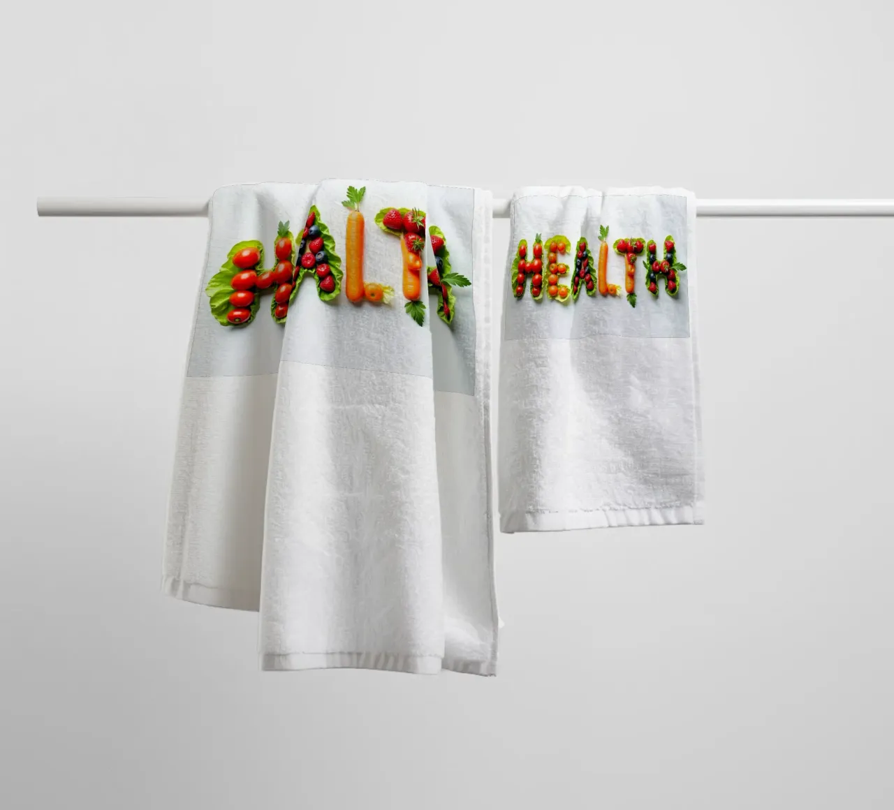 Esposizione creativa di frutta e verdura fresche che si esprime in modo chiaro e semplice asciugamano da bagno da DesignDoodle