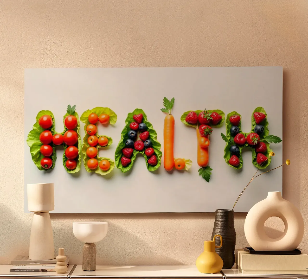 Esposizione creativa di frutta e verdura fresche che si esprime in modo chiaro e semplice alluminio dibond da DesignDoodle