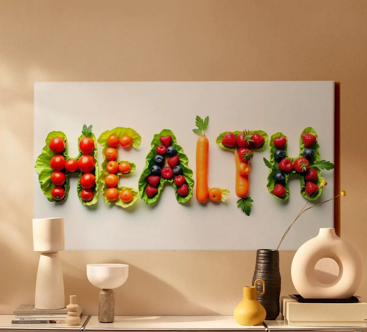 Esposizione creativa di frutta e verdura fresche che si esprime in modo chiaro e semplice tela da DesignDoodle