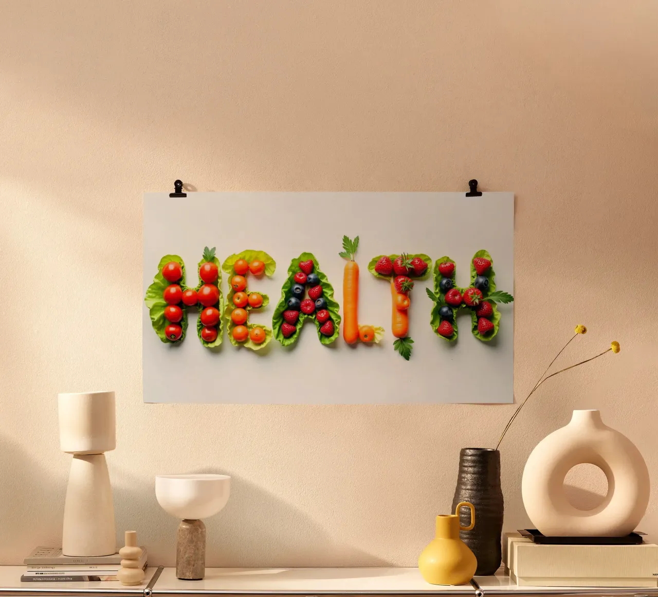 Esposizione creativa di frutta e verdura fresche che si esprime in modo chiaro e semplice carta hahnemühle da DesignDoodle