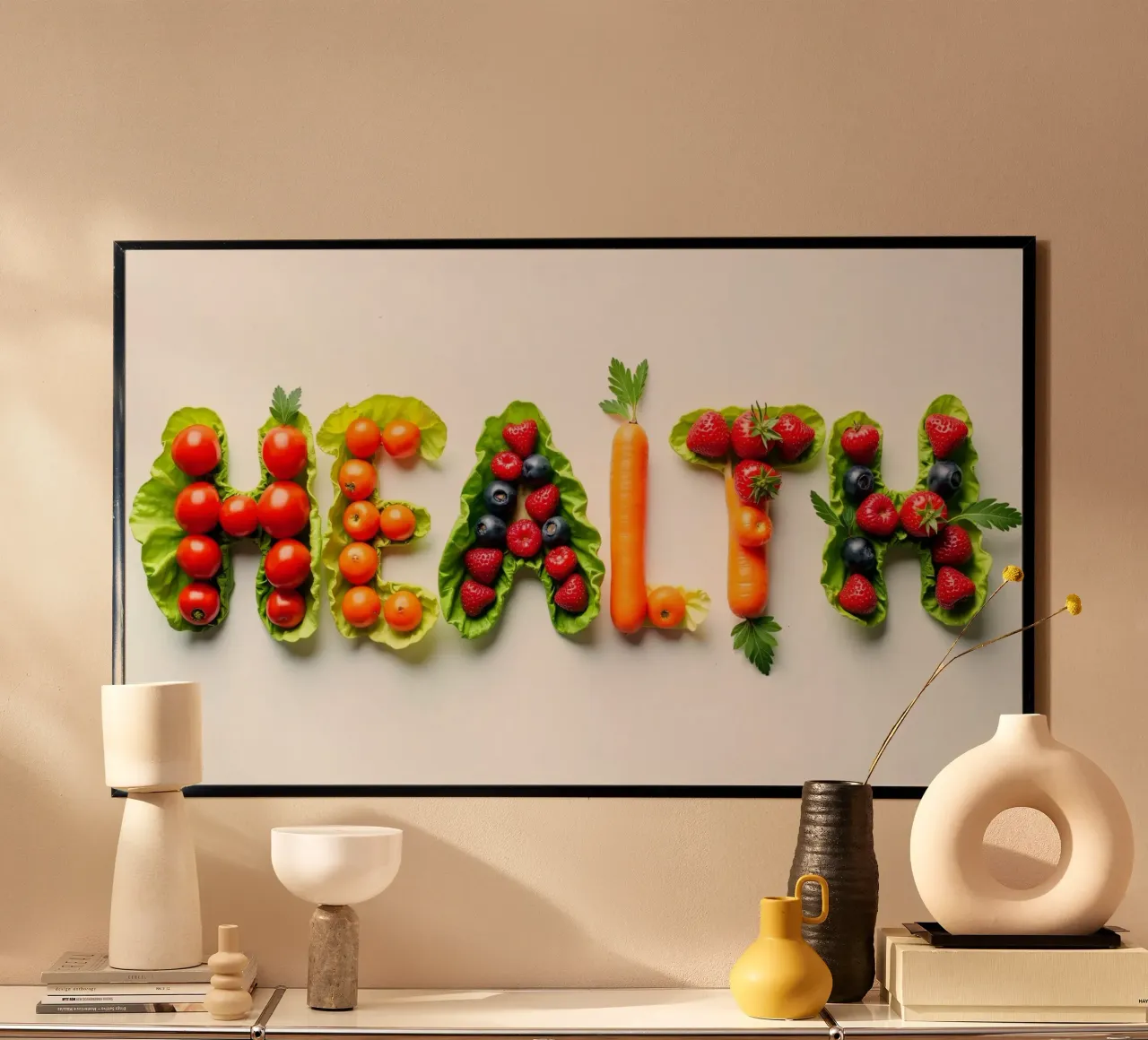 Esposizione creativa di frutta e verdura fresche che si esprime in modo chiaro e semplice carta hahnemühle da DesignDoodle