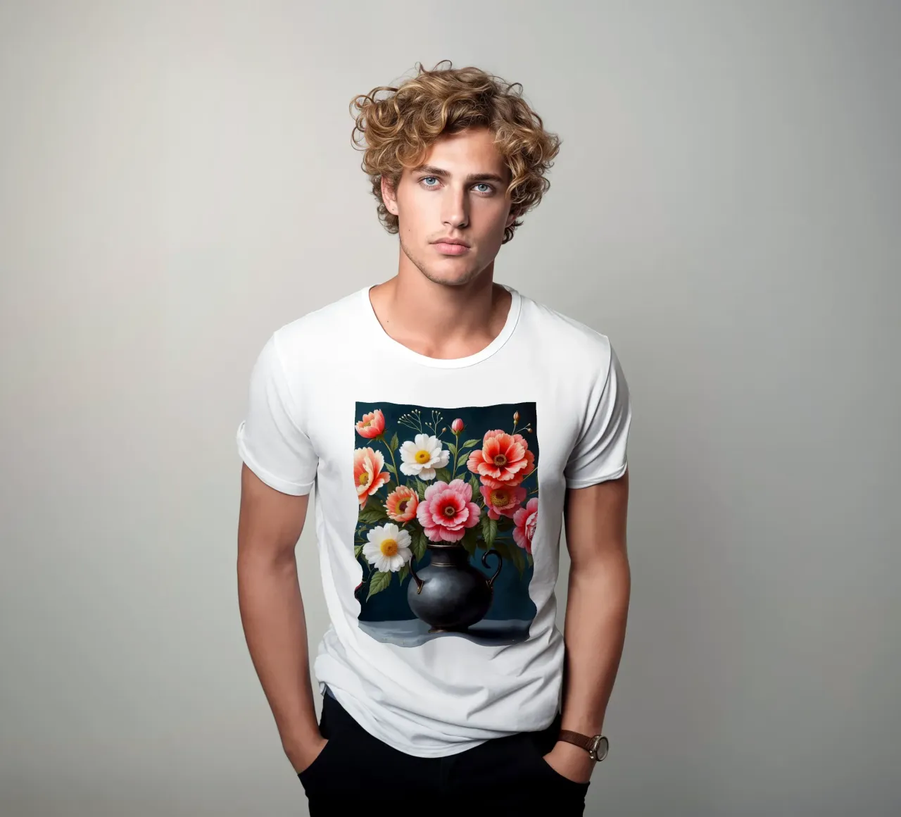 Bellissima composizione di fiori colorati in un vaso nero t-shirt da DesignDoodle