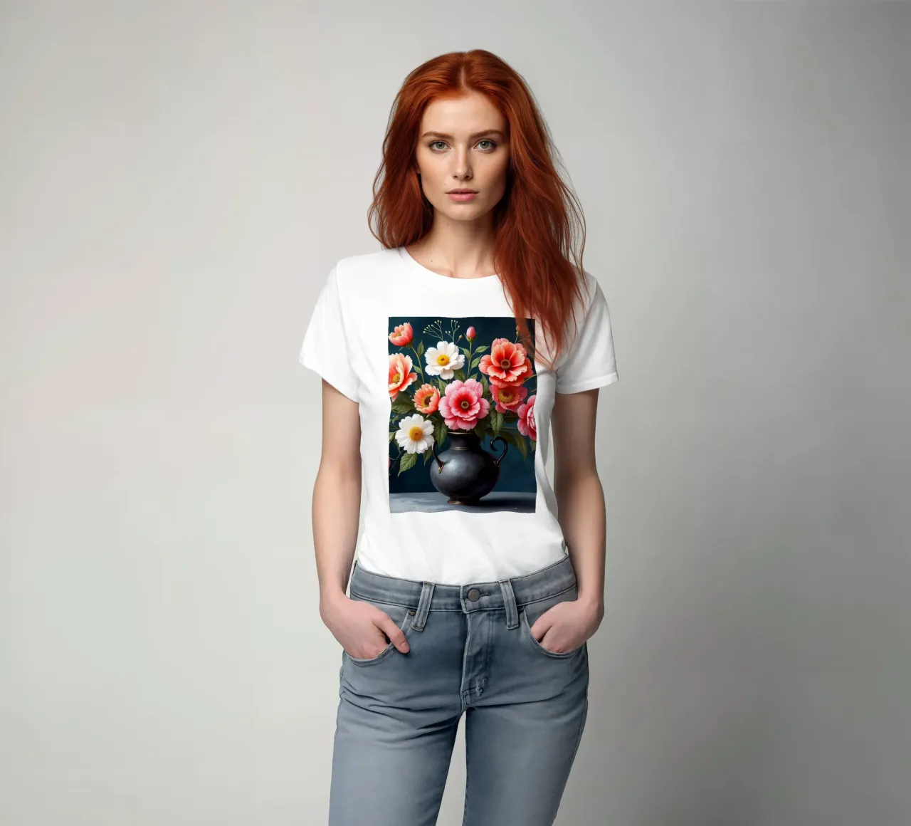 Bellissima composizione di fiori colorati in un vaso nero t-shirt da DesignDoodle