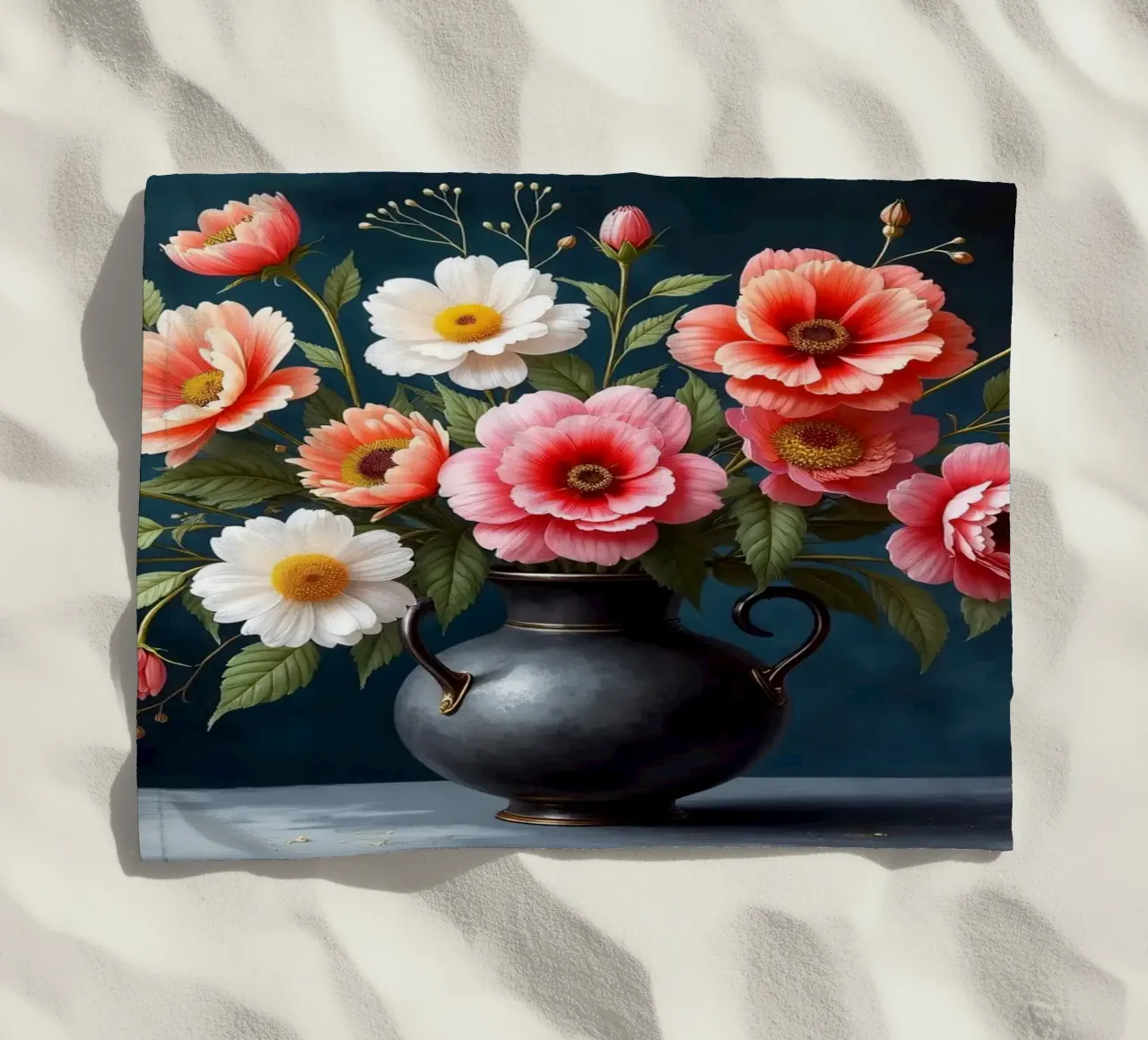 Bellissima composizione di fiori colorati in un vaso nero telo mare da DesignDoodle