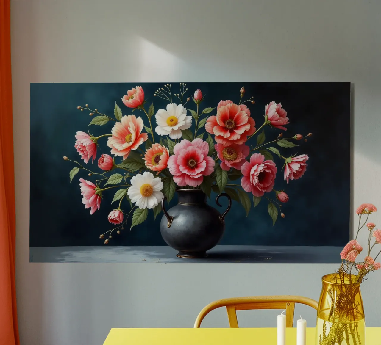 Bellissima composizione di fiori colorati in un vaso nero alluminio dibond da DesignDoodle