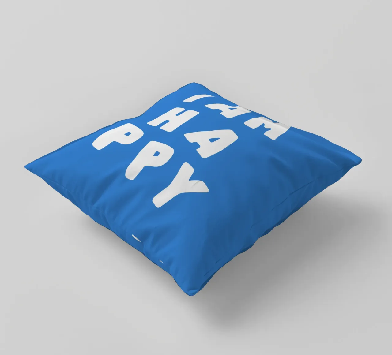 I Am Happy Optimistic Typography Print in White and Blue decorative cushion by THE MOTIVATED TYPE