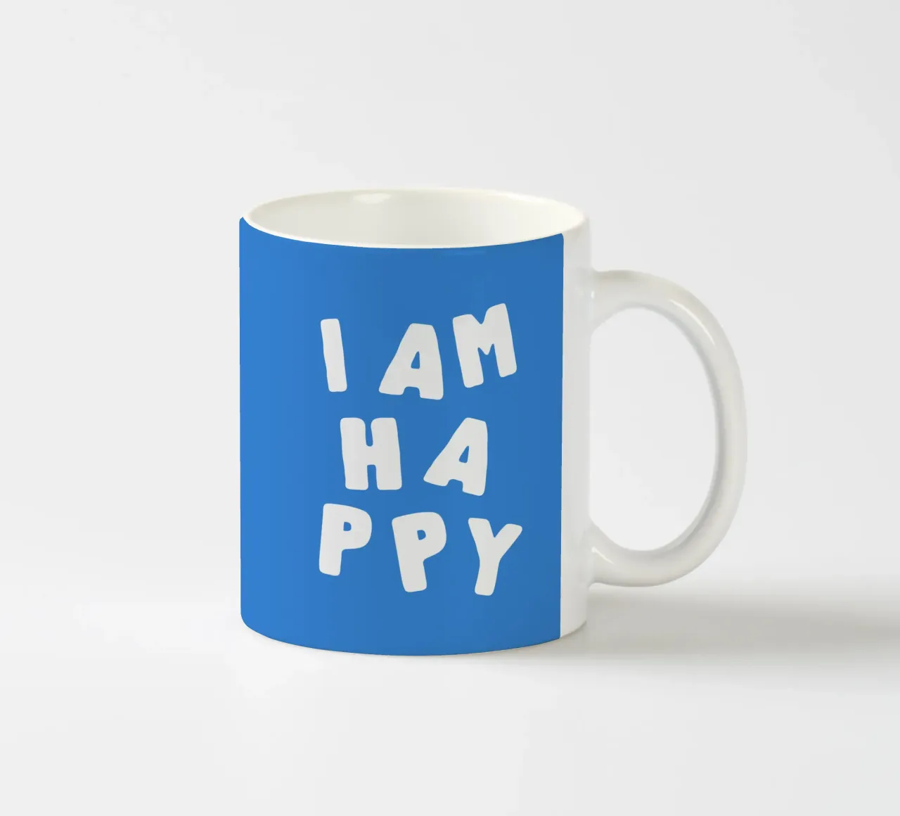 I Am Happy Optimistic Typography Print in White and Blue ceramic mug by THE MOTIVATED TYPE