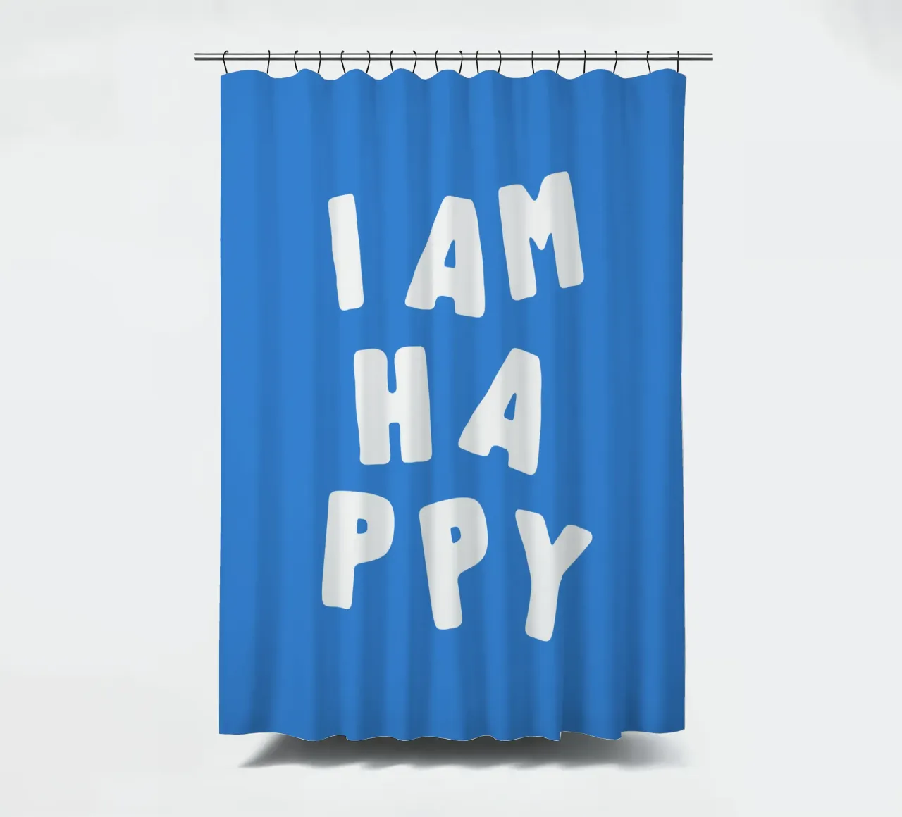 I Am Happy Optimistic Typography Print in White and Blue shower curtain by THE MOTIVATED TYPE