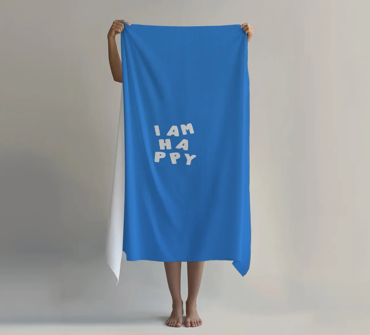 I Am Happy Optimistic Typography Print in White and Blue beach towel by THE MOTIVATED TYPE