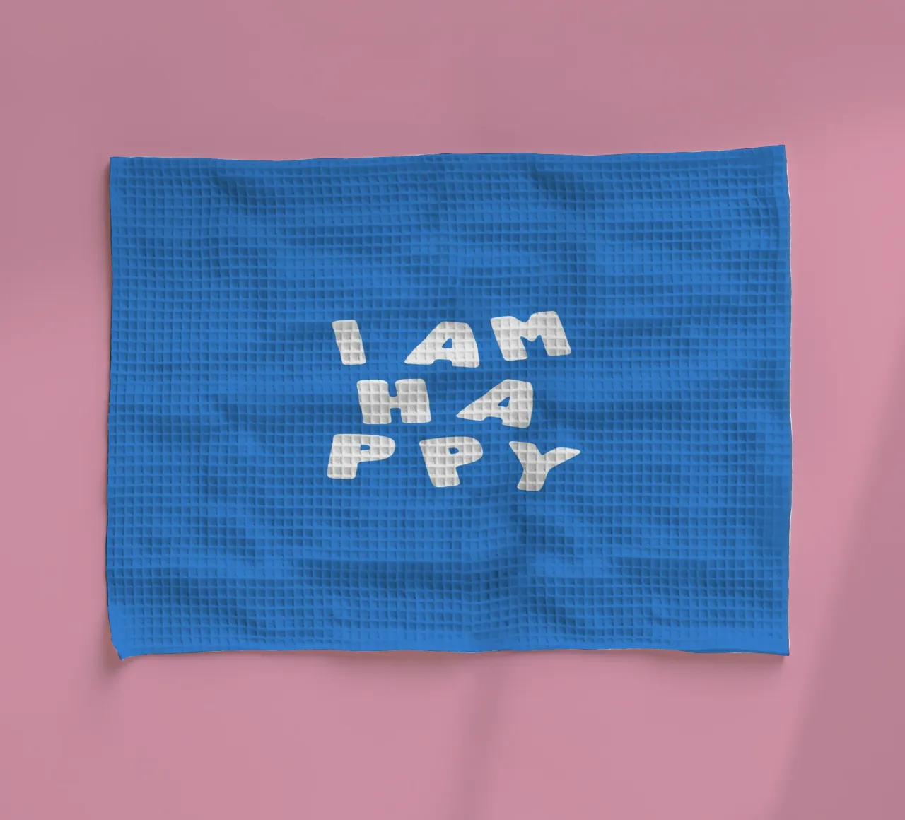 Stampa tipografica ottimistica I Am Happy in bianco e blu canovaccio da cucina da THE MOTIVATED TYPE