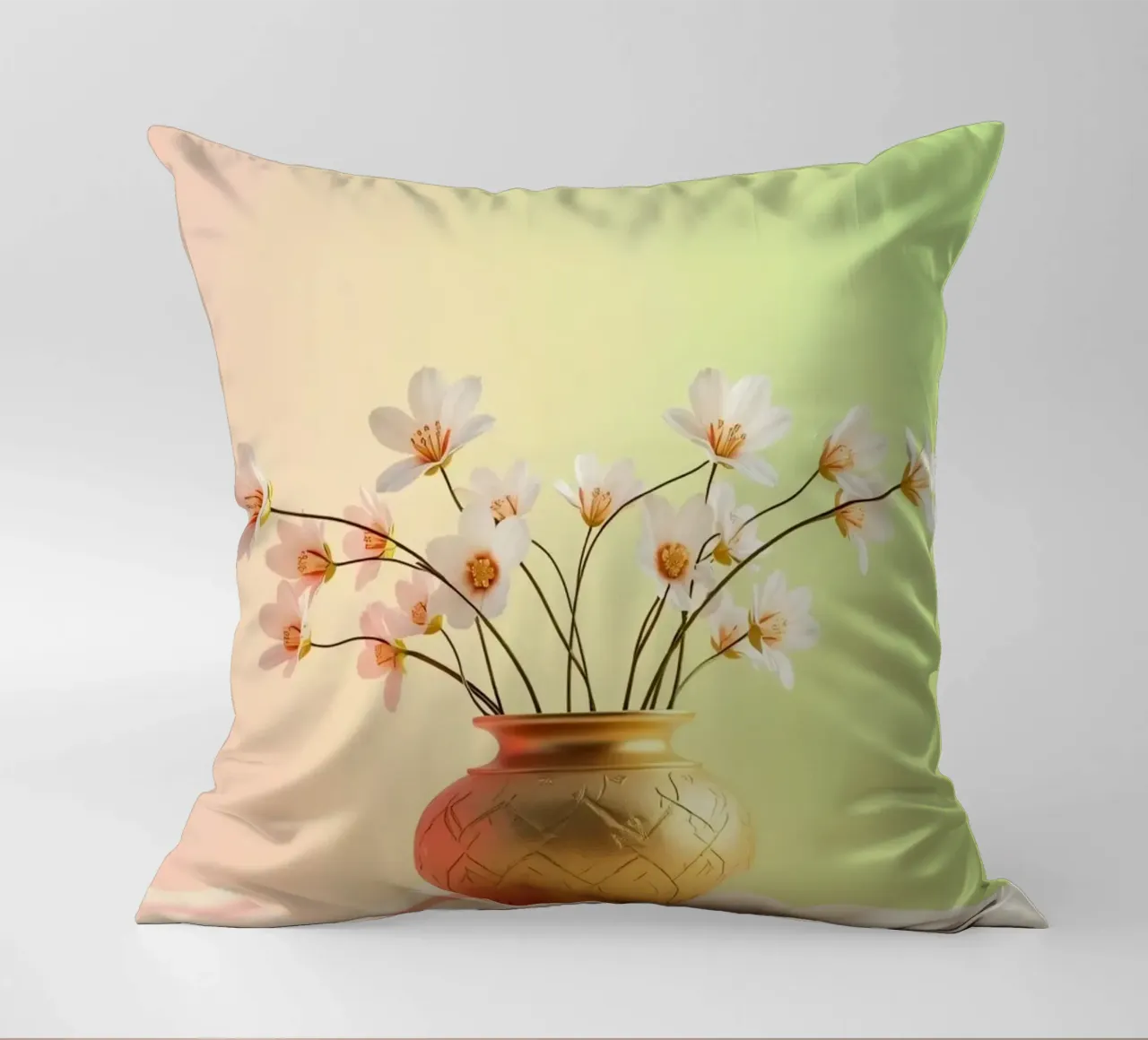 Eleganti fiori bianchi in un vaso decorativo dorato cuscino da DesignDoodle
