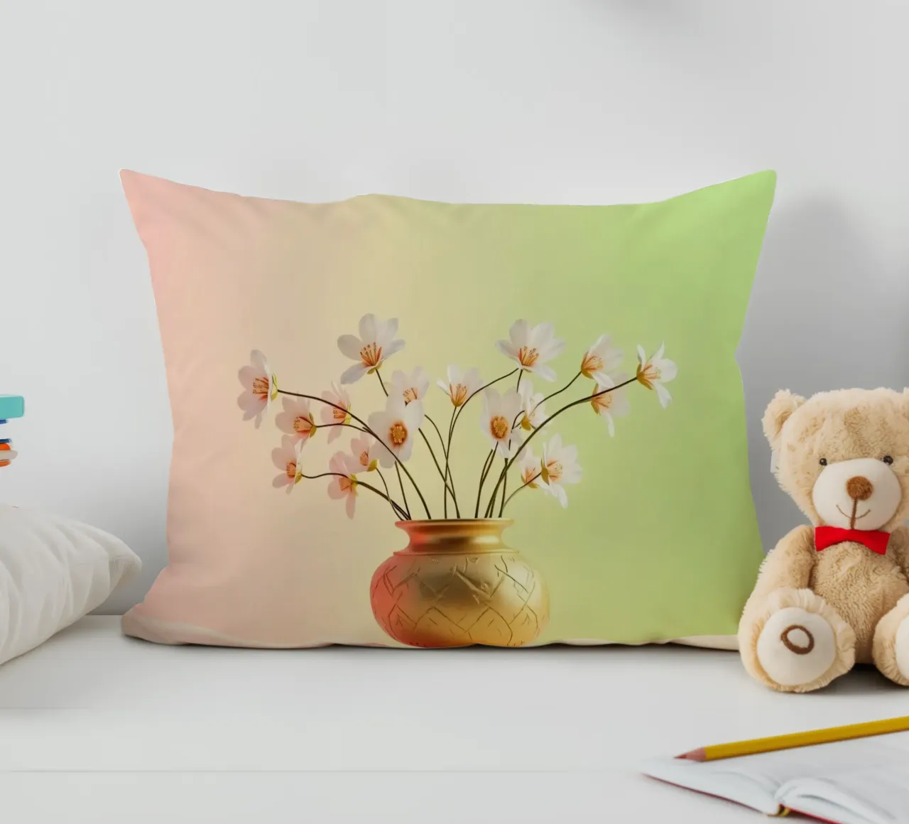 Eleganti fiori bianchi in un vaso decorativo dorato cuscino da DesignDoodle