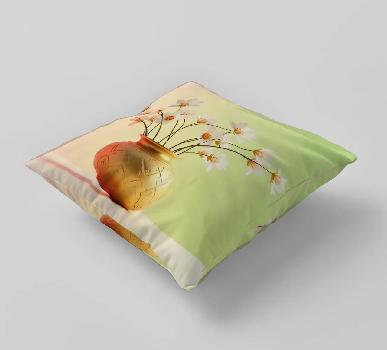 Eleganti fiori bianchi in un vaso decorativo dorato cuscino da DesignDoodle