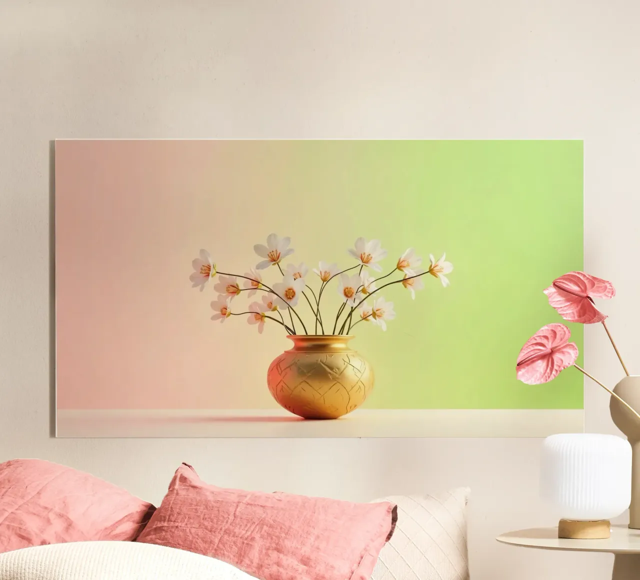 Elegant white flowers in a decorative golden vase acrylic glass by DesignDoodle
