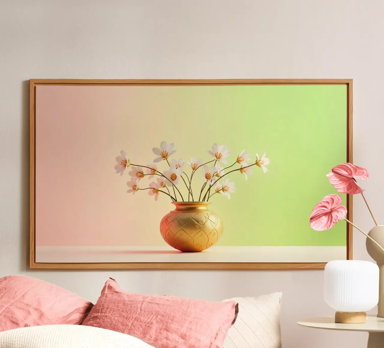 Elegant white flowers in a decorative golden vase alu-dibond by DesignDoodle