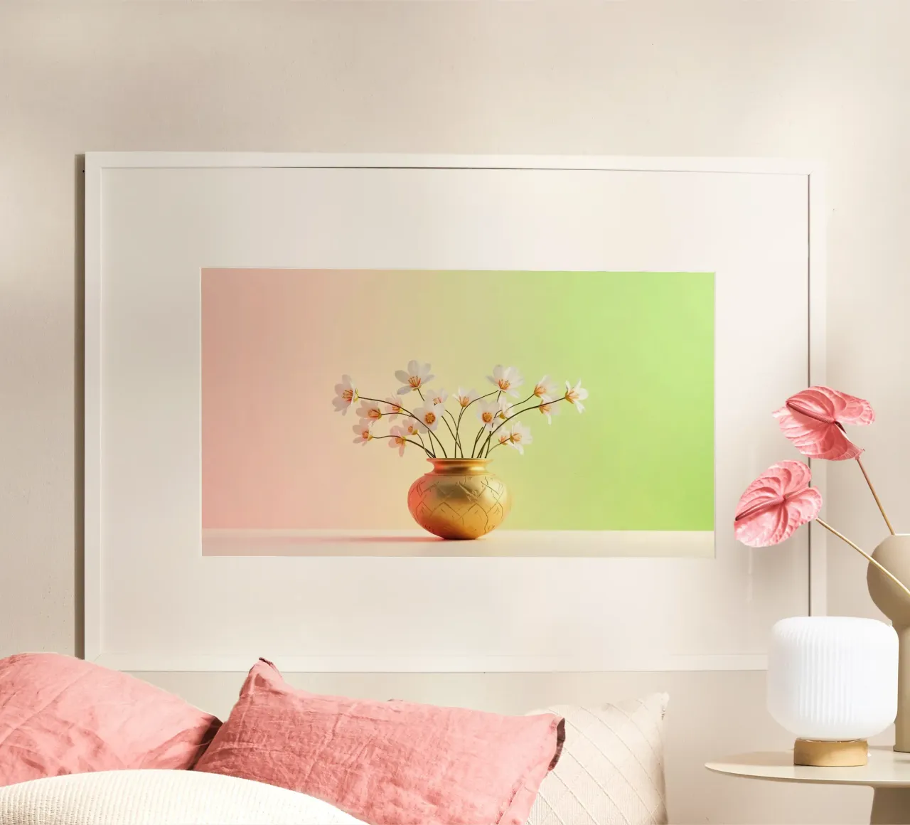 Elegant white flowers in a decorative golden vase poster by DesignDoodle