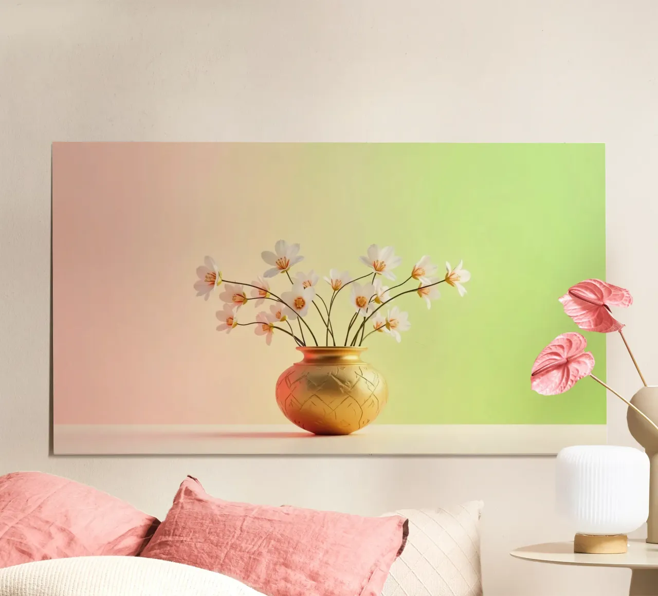 Elegant white flowers in a decorative golden vase poster by DesignDoodle