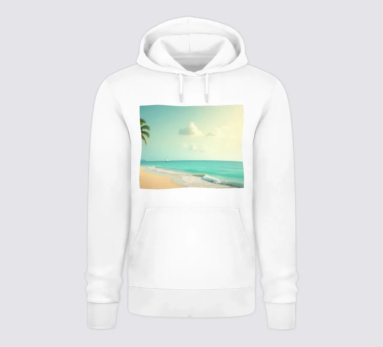 Spiaggia tropicale con palme e barca a vela su un oceano tranquillo felpa con cappuccio da DesignDoodle