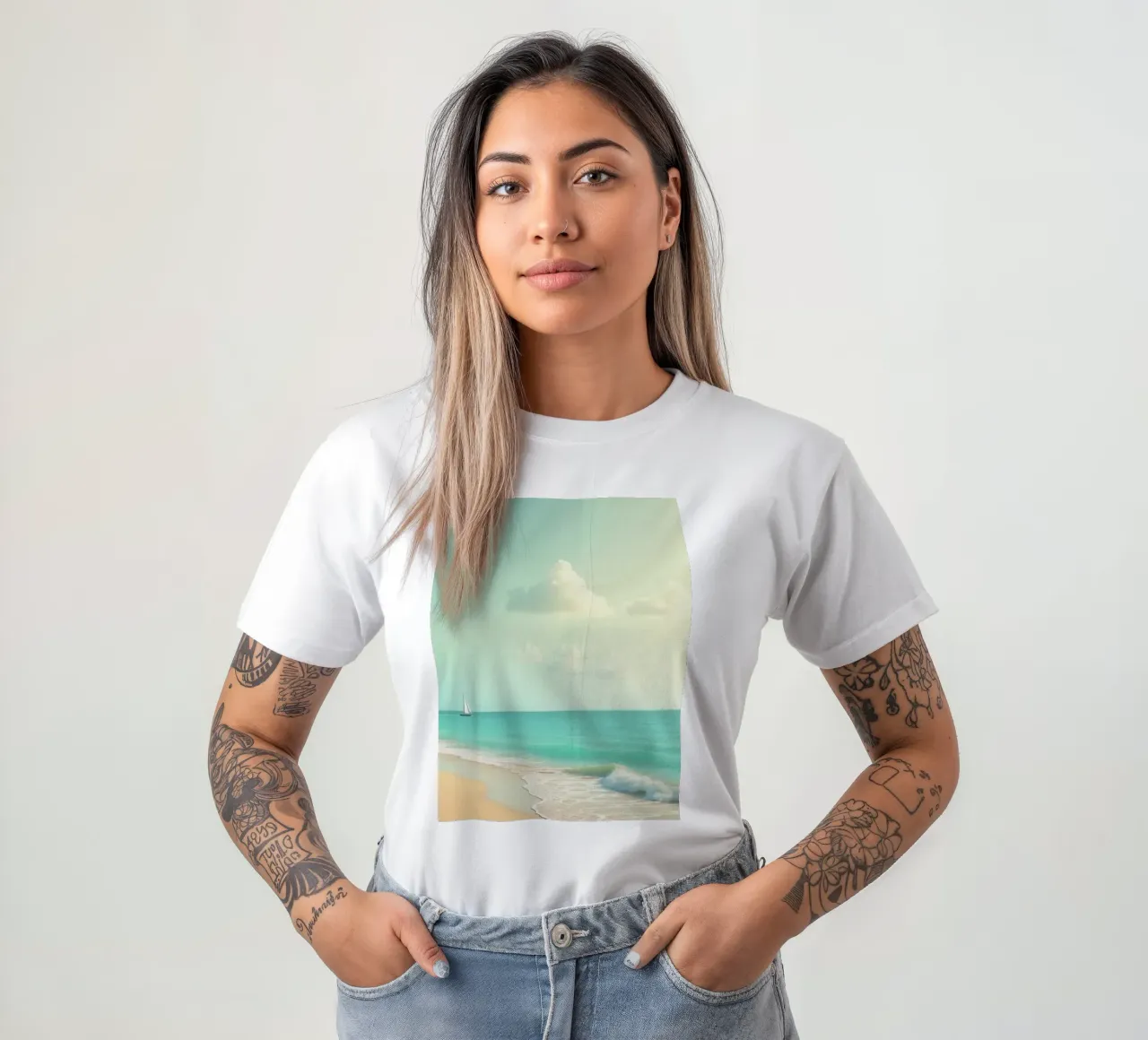 Spiaggia tropicale con palme e barca a vela su un oceano tranquillo t-shirt da DesignDoodle