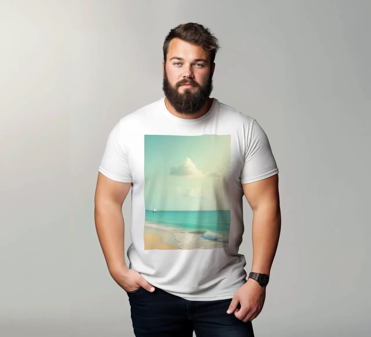 Spiaggia tropicale con palme e barca a vela su un oceano tranquillo t-shirt da DesignDoodle