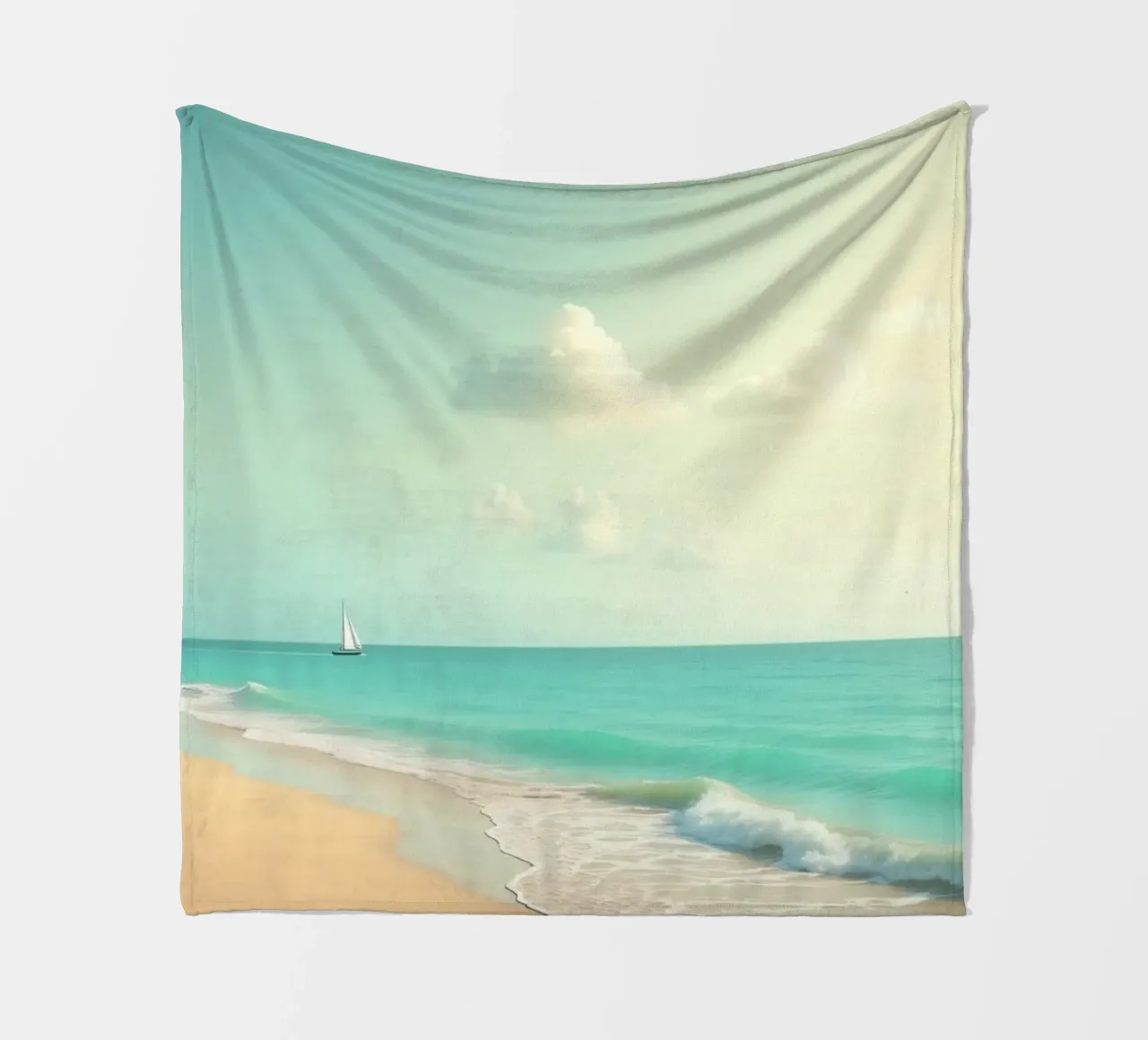 Spiaggia tropicale con palme e barca a vela su un oceano tranquillo coperta in pile da DesignDoodle