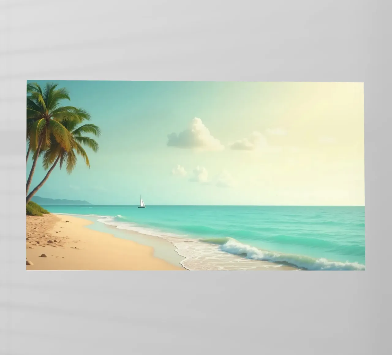 Spiaggia tropicale con palme e barca a vela su un oceano tranquillo pellicola backlit da DesignDoodle