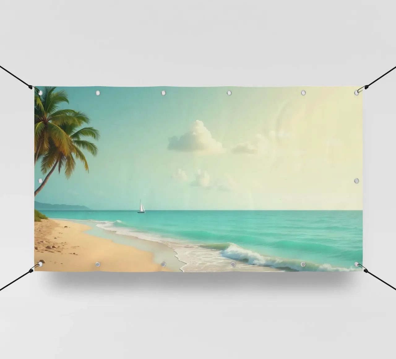 Spiaggia tropicale con palme e barca a vela su un oceano tranquillo telo in pvc da DesignDoodle