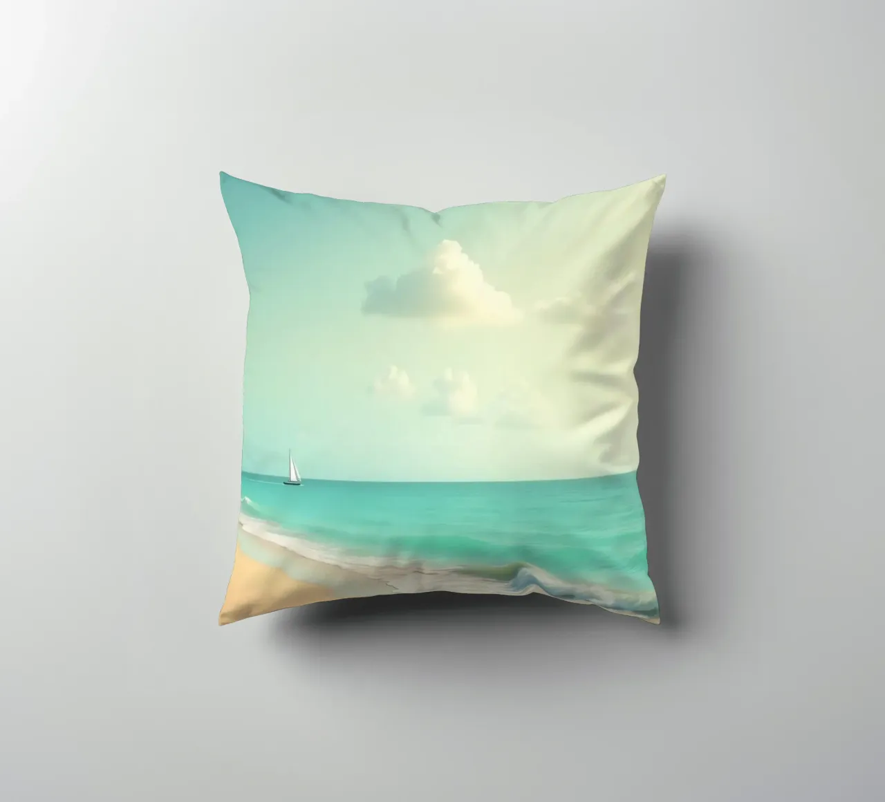 Spiaggia tropicale con palme e barca a vela su un oceano tranquillo cuscino da DesignDoodle
