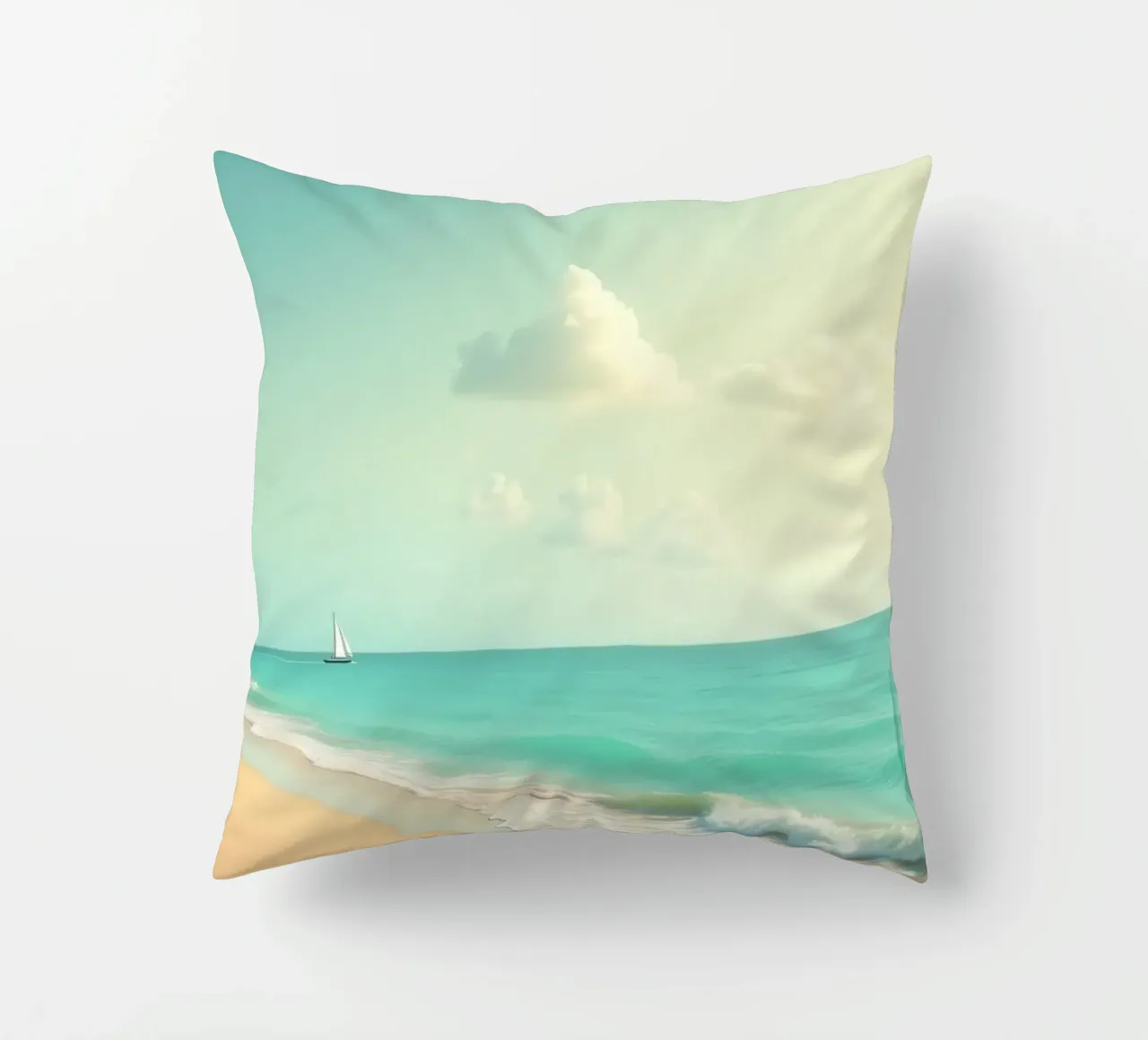 Spiaggia tropicale con palme e barca a vela su un oceano tranquillo cuscino da DesignDoodle