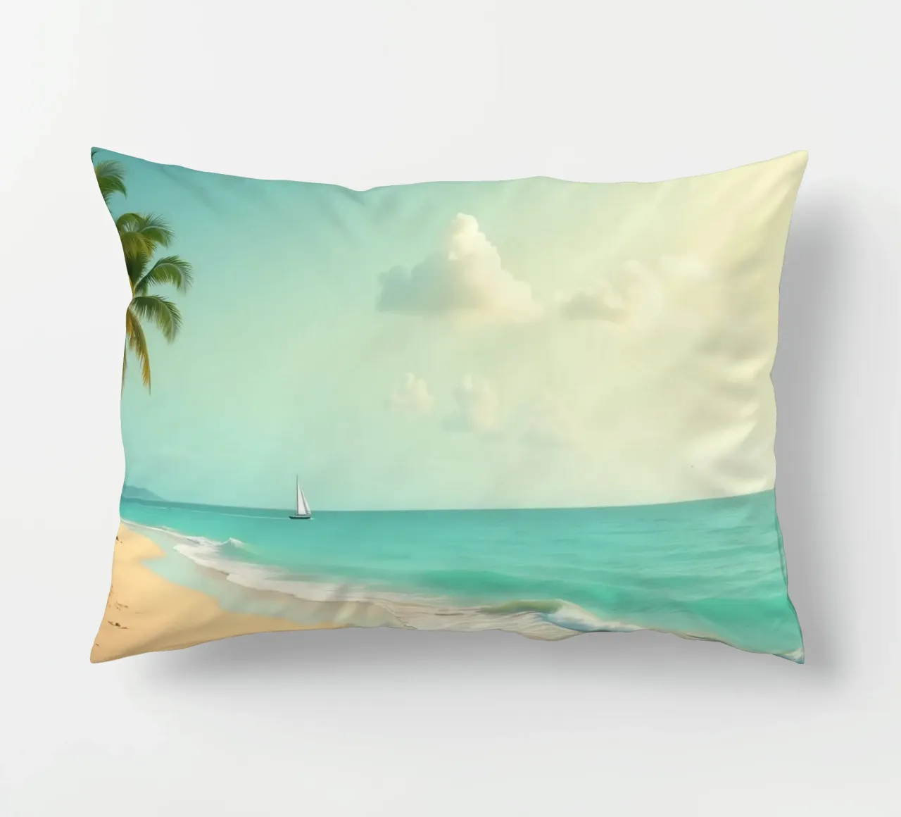 Spiaggia tropicale con palme e barca a vela su un oceano tranquillo cuscino da DesignDoodle