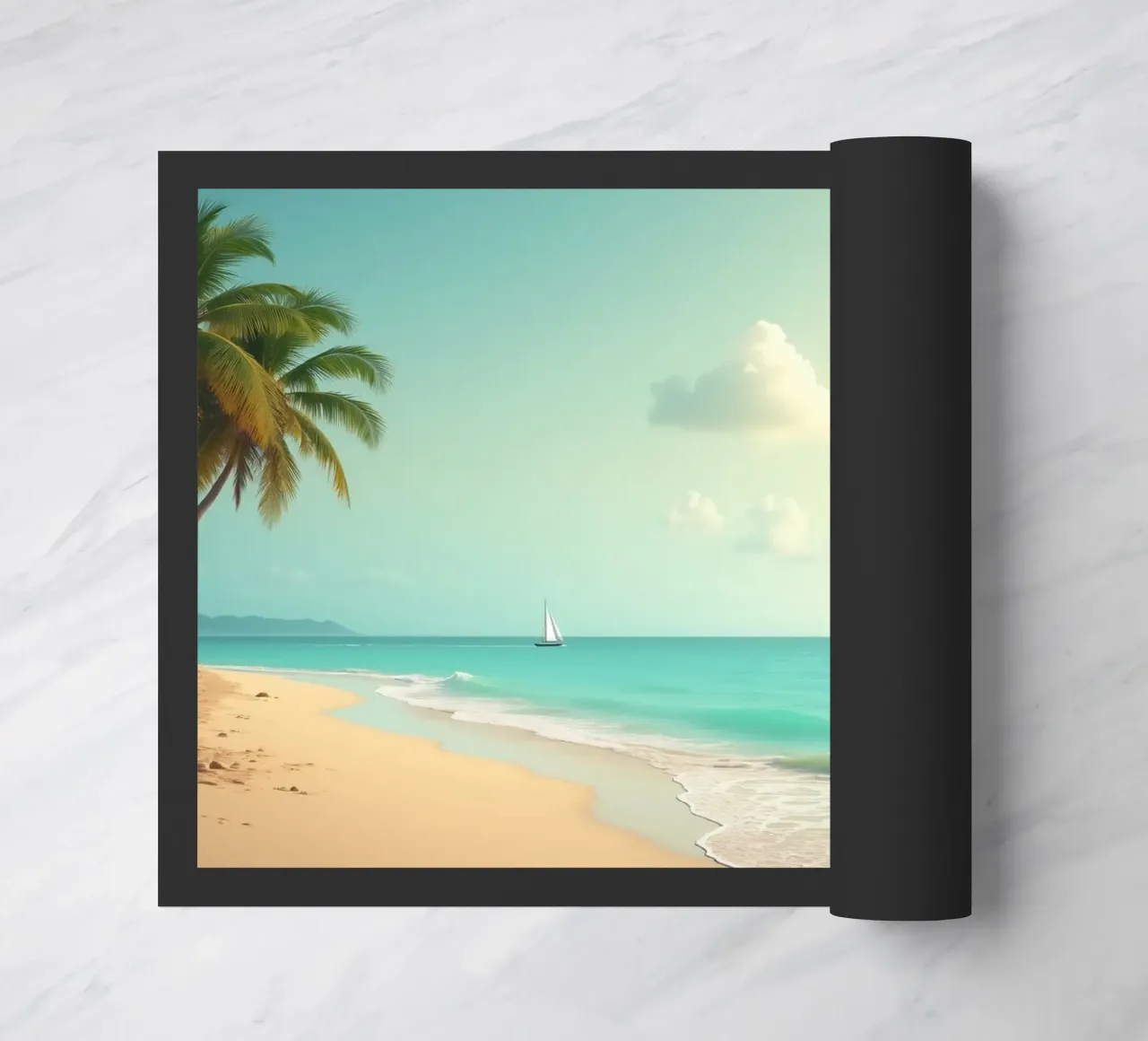 Spiaggia tropicale con palme e barca a vela su un oceano tranquillo zerbino da DesignDoodle