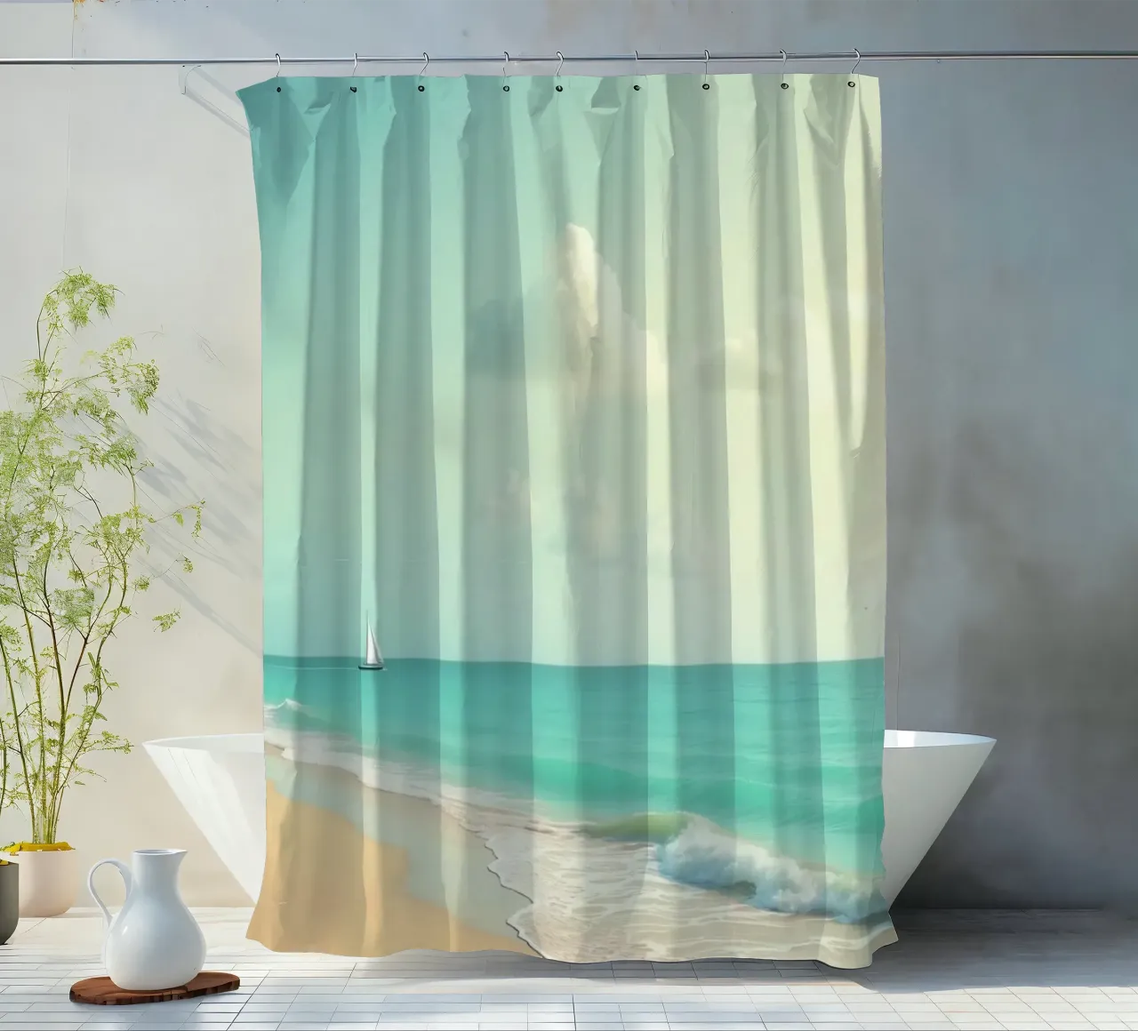 Spiaggia tropicale con palme e barca a vela su un oceano tranquillo tenda da doccia da DesignDoodle
