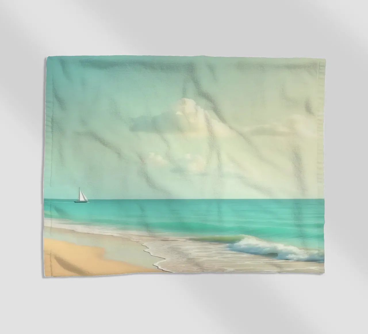 Spiaggia tropicale con palme e barca a vela su un oceano tranquillo telo mare da DesignDoodle